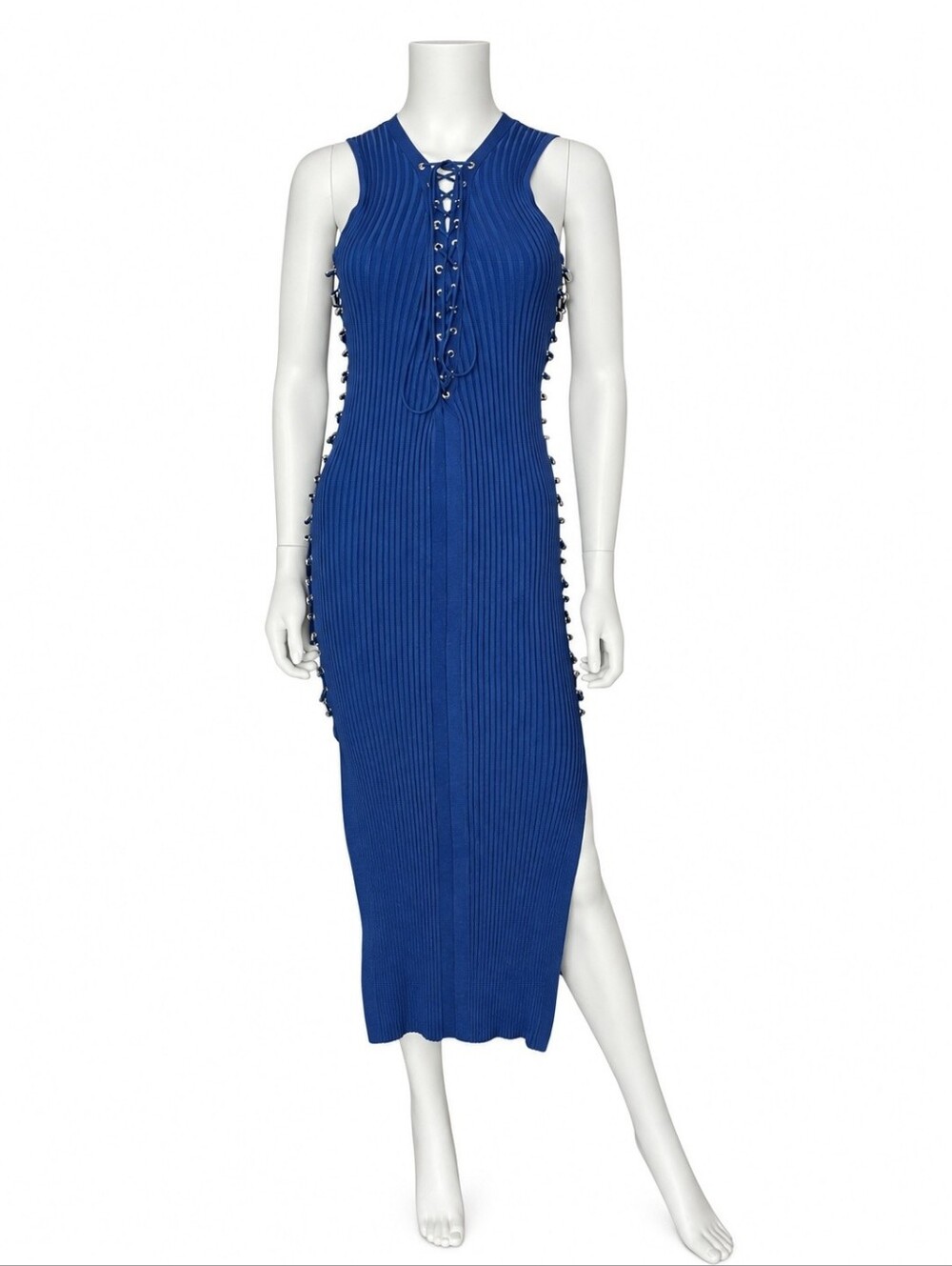 DAVID KOMA | Lace-Up Metal Tube Rib Knit Midi Dress Blue M